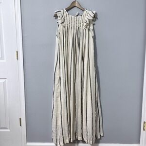 Innika Choo Linen Maxi Dress Women‎ One Size White Stripe Bib Smock Sundress